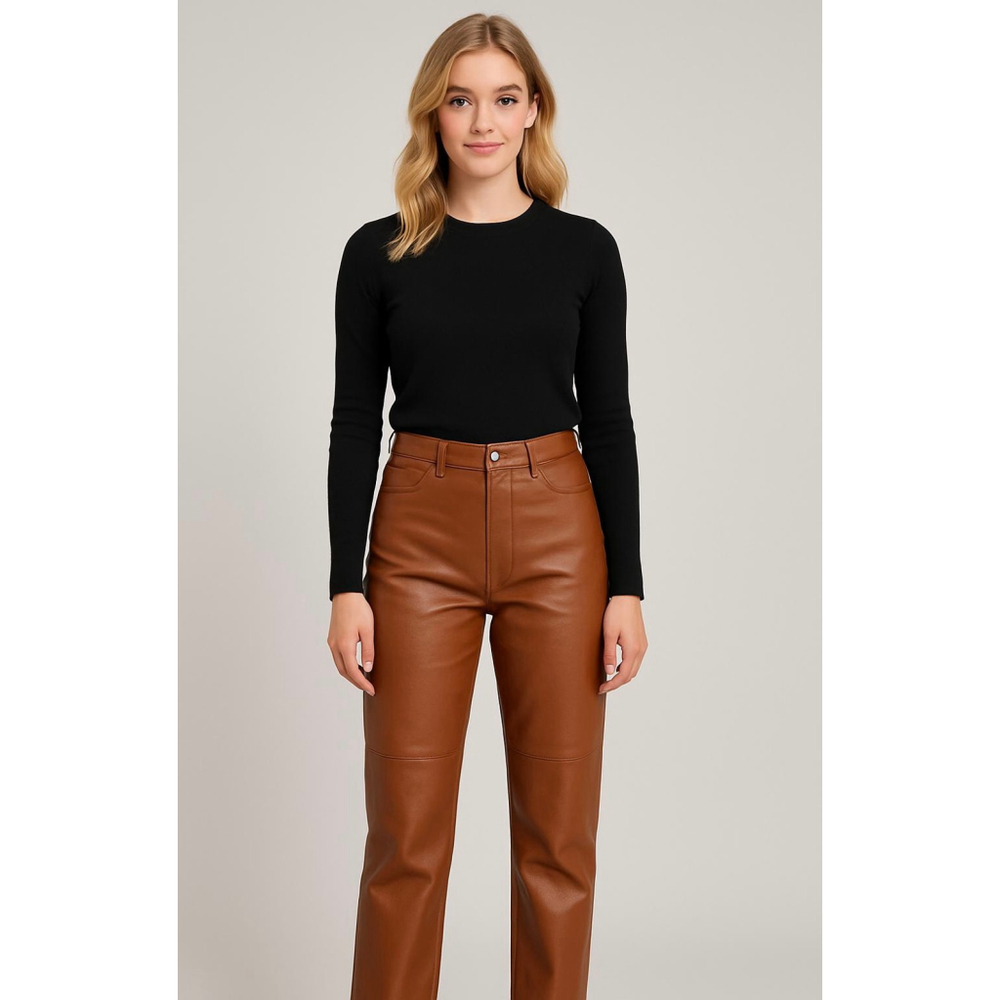 Women's METROSTYLE Brown Leather Straight Leg‎ Pants 18T Soft Lux Scandi Street